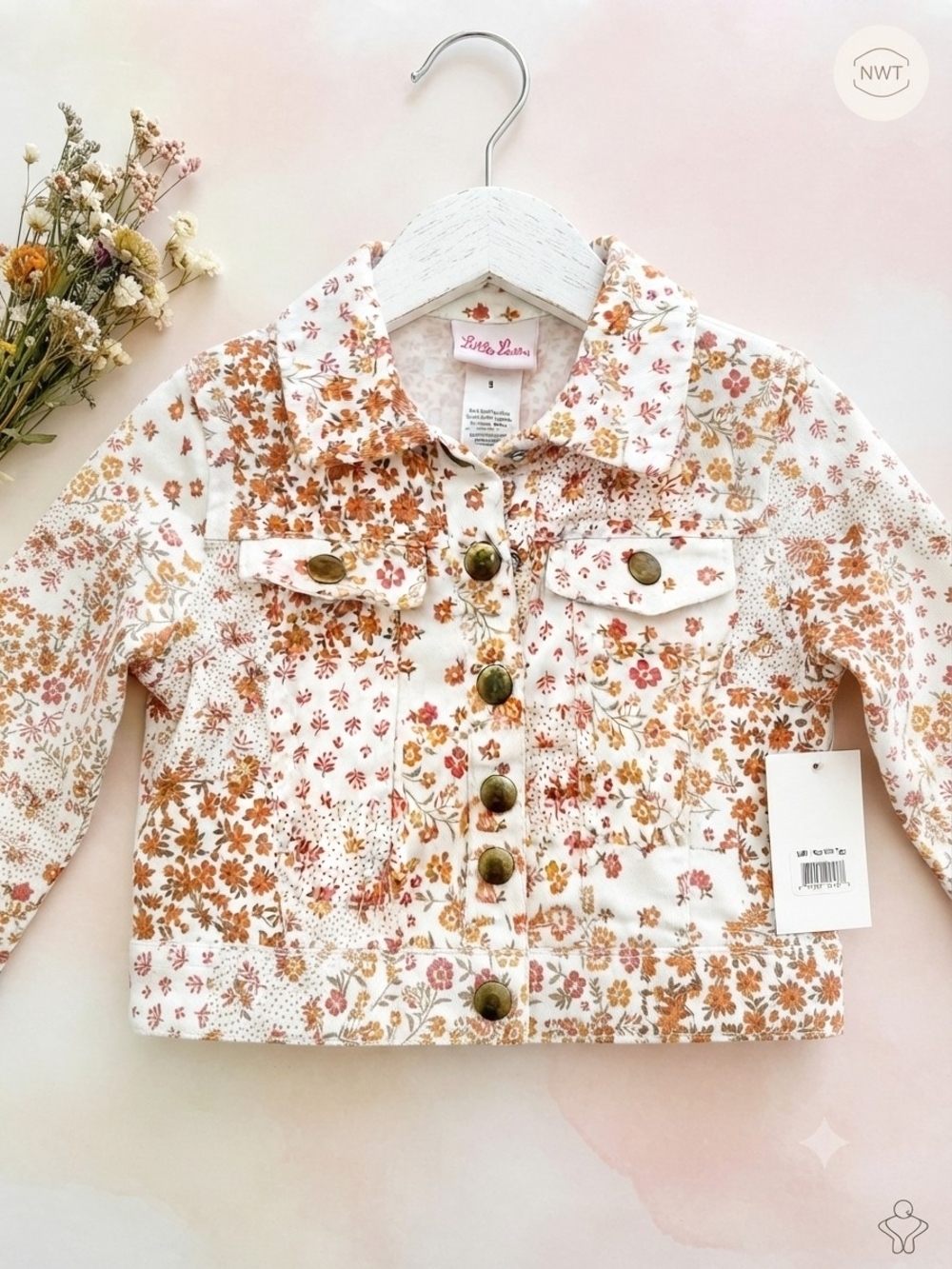 Little Lass Floral Jean Jacket in Cream, Rust/Pink, Sz-S, NWT